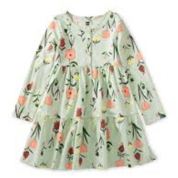 Tea Collection Floral Print Henley Twirly Dress Green Multi Size 8 - Picture 1 of 4